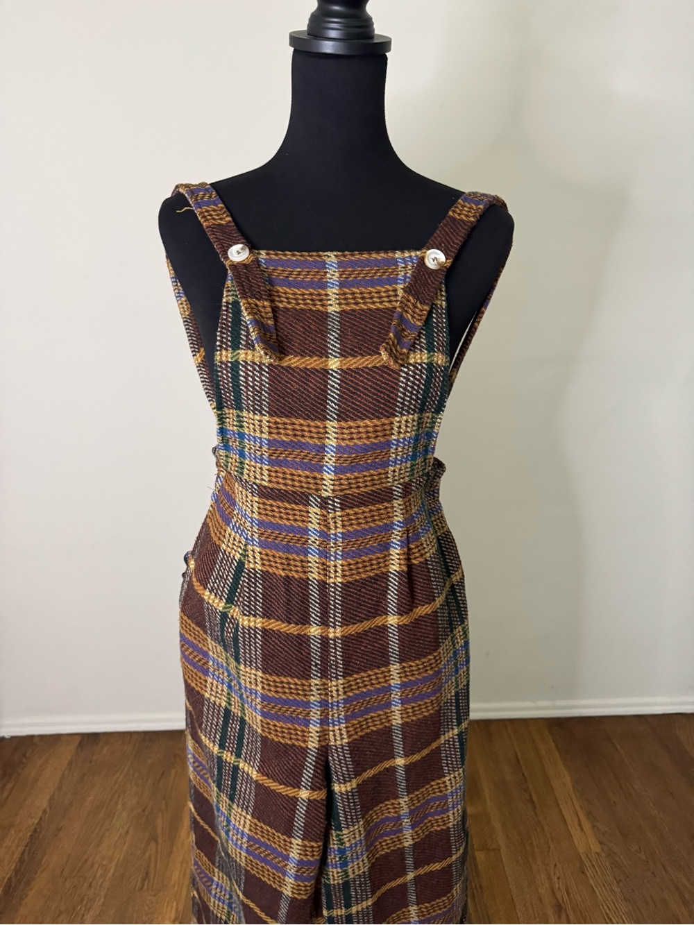 CIDER TWEED PLAID BUTTON UP WIDE LEG JUMPSUIT